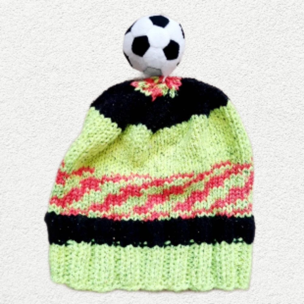Handmade Knit Lime Green Beanie Cap with Soccer Ball Pom / 8" Kid's Winter Hat